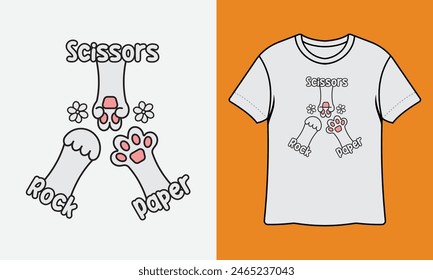 Diseño de la camiseta de las patas del gato de las tijeras de papel del Rock con la maqueta