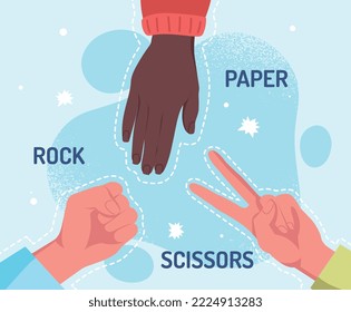 Rock paper scissors game. Fun and trying to decide or choose winner. Fingers and hands. Poster or banner for website. Communication, fortune and luck concept. Cartoon flat vector illustration