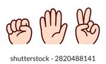 Rock Paper Scissors game, hand drawn doodle gesture icons. Cute cartoon style vector illustration.