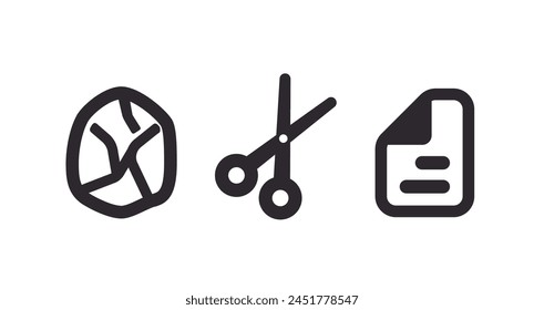 Rock paper scissors game vector icon set. Mono line design elements. Monochrome black pictograms on white background.