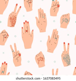 Rock paper scissors hand game. seamless pattern. vector background. trendy style. girls