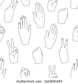 Rock paper scissors hand game. seamless pattern. vector background. trendy style. girls