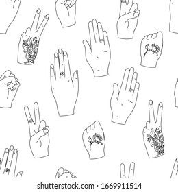 Rock paper scissors hand game. seamless pattern. vector background. trendy style. girls