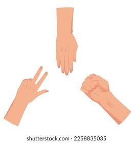 Rock paper scissors hand game  flat vector illustration isolated white background  Rochambeau game hand shapes  Hand fight battle 
