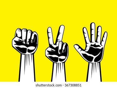 Rock Paper Scissors is hand game on yellow background.