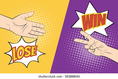 Rock paper scissors hand game  Pop art style vector