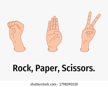 Rock, paper, scissors hands signs. Vector illustration.