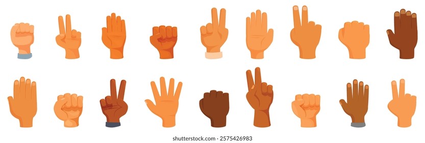  Rock paper scissors icons set. Set of realistic hands showing various gestures, including numbers, fist, and victory sign, representing diversity and communication