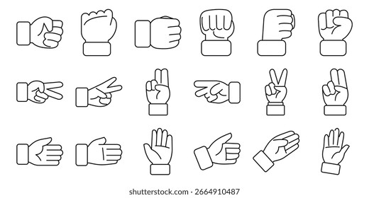  Conjunto de iconos de tijeras de papel de Rock. Colección de íconos de línea que representan varios gestos de la mano, incluyendo roca, papel, tijeras, apuntar, contar y otros signos comunes