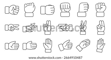  Rock paper scissors icons set. Collection of line icons representing various hand gestures, including rock, paper, scissors, pointing, counting, and other common signs