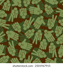 Rock, Papier, Schere Military Muster nahtlos. Hand Faust Spiel Armee Hintergrund. Fingers Spiel Camouflage Ornament.  