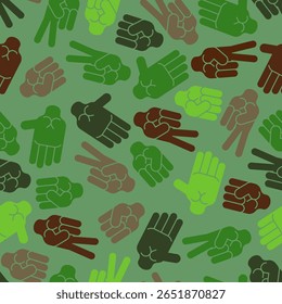 Rock, paper, scissors Military pattern seamless. Hand fist game army background. Fingers game camouflage ornament.  