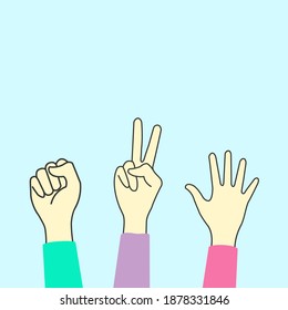 Rock Paper Scissors On Blue Background.