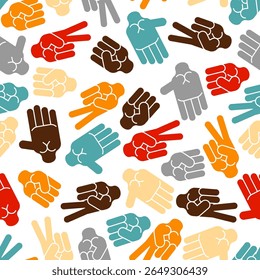 Rock, paper, scissors sign pattern seamless. Hand fist game sign background. Fingers game ornament. Baby fabric texture