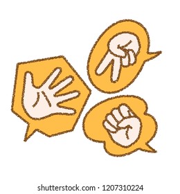 Rock paper scissors with speech balloon , vector illustration ,　 Hand-painted style  Crayon style 