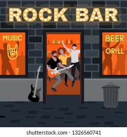 Rock party in the beer bar. 
People have fun with music. Vector flat illustration.