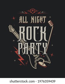 Rock Party.  Craft retro vintage print design.  Graphic vector illustration. Old badge, label, logo template.