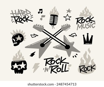 Rock Party Elements Doodle Vector Set 1. Rock Music icons set of rockers guitar, skull, fire or flame, microphone, crown etc. Punk Rock icons collection. Rock n Roll pattern elements for print design