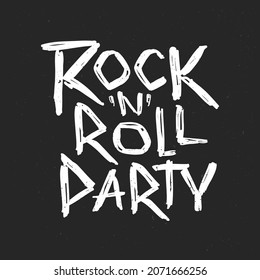 Plantilla vectorial de folletos con estilo de grunge Rock Party. Conjunto de logotipo de música Rock'n'roll y estilo vintage para diseño de tiras y afiches impresos. Letras dibujadas a mano de música rock