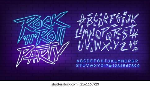 Rock Party Neon Light sign and type font    editable vector template  Neon tube letters design for Rock music  Light sign  Neon font  Rock Party cyberpunk style lettering design