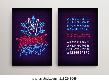 Rock Party Neon Light sign with gesture and type font - editable vector poster. Neon tube letters design for Rock Music neon sign. Neon font. Rock n Roll Party in  retro 80s - 90s style lettering