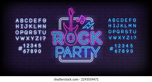 Rock Party Neon Light sign with type font - editable vector template. Neon tube letters design for Rock music, Light sign. Neon font. Rock n Roll in retro 80s - 90s style lettering design