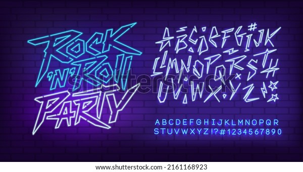 Rock Party\
Neon Light sign with type font - editable vector template. Neon\
tube letters design for Rock music, Light sign. Neon font. Rock\
Party cyberpunk style lettering\
design