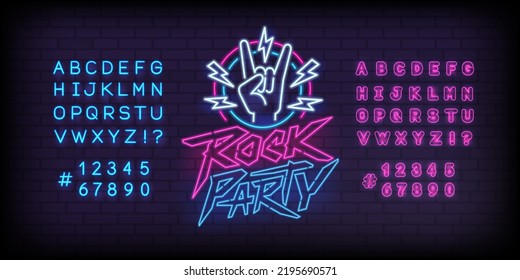 Rock Party Neon Signboard With Gesture And Type Font - Editable Vector Template. Neon Tube Letters Design For Rock Music Neon Sign. Neon Font. Rock N Roll Party In  Retro 80s - 90s Style Lettering