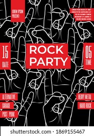 Rock party poster or flyer design template with typographic composition or black background with white lined rock gesturing hands. Vector illustration