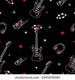 Rock Pattern Seamless Guitar and stars.Rock pattern pink and green colors on black background.Rock text.