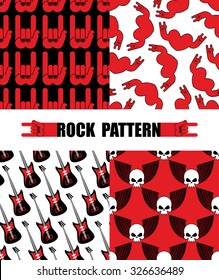 Rock pattern. Set seamless patterns  theme of rock music. Rock hand Symbol background. Texture from hearts. Electric guitar,  repeating background. Skull with wings pattern.