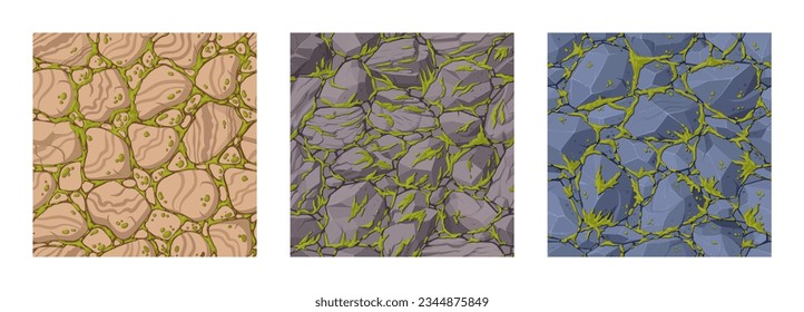 Rock pavement with moss. Cartoon moss on floor paved path, green moss plant creeps on pavement stones flat vector illustration set. Bricks pavement overgrown with lichen