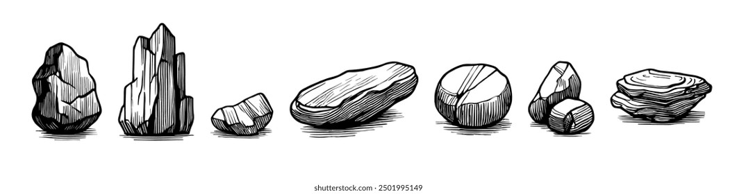 Rock pebble stone line vector engraving outline vector design. Sketch hand drawn stone clipart