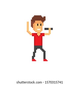 Rock performer holds a microphone and sings. Pixel art. 8 bit video game. 8-bit sprite. isolated vector illustration. Design for stickers, logo, embroidery, mobile app.