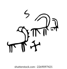 Rock petroglyphs depicting domestic animals in a pasture. Vector illustration of prehistoric rock petroglyphs discovered on the territory of Armenia