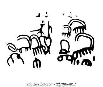Rock petroglyphs depicting domestic animals in a pasture. Vector illustration of prehistoric rock petroglyphs discovered on the territory of Armenia	