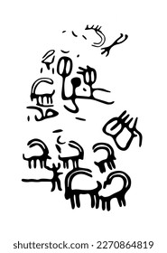 Rock petroglyphs depicting domestic animals in a pasture. Vector illustration of prehistoric rock petroglyphs discovered on the territory of Armenia	