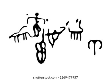 Rock petroglyphs depicting the invasion of predators and people defending domestic animals. Vector illustration of prehistoric rock petroglyphs discovered on the territory of Armenia