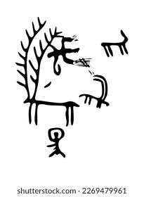 Rock petroglyphs depicting the invasion of predators and people defending domestic animals. Vector illustration of prehistoric rock petroglyphs discovered on the territory of Armenia