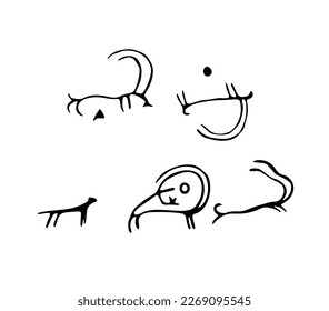Rock petroglyphs depicting predatory attacks on livestock. Vector illustration of prehistoric rock petroglyphs discovered on the territory of Armenia