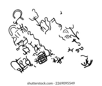 Rock petroglyphs depicting predatory attacks on livestock. Vector illustration of prehistoric rock petroglyphs discovered on the territory of Armenia