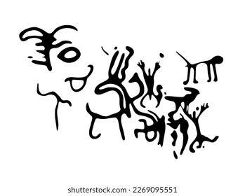 Rock petroglyphs depicting predatory attacks on livestock. Vector illustration of prehistoric rock petroglyphs discovered on the territory of Armenia