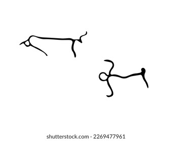 Gitanos de rock que representan un ataque de serpiente a una vida o un pasto y a la gente. Ilustración vectorial de petroglifos de roca prehistórica descubiertos en el territorio de Armenia