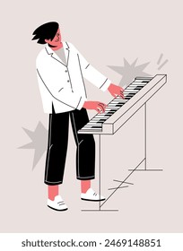 Un pianista Rock toca música con un piano eléctrico. Actuación de artista de Rock y roll. Moderno reproductor de instrumentos. Ilustración vectorial plana aislada sobre fondo beige. Trazo editable.