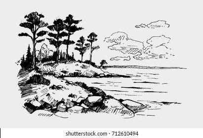 Rock with pines on the lake. Hand drawn illustration converted to vector