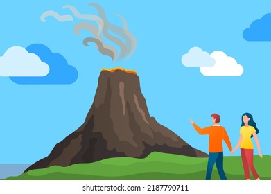 Rock Pinnacle Volcano With Lava, Geological Formation On Surface. People Watching Volcanic Landscape Of Island. Couple Looking At Dormant Volcano. Outdoor Recreation Place With Abstract Panoramic View