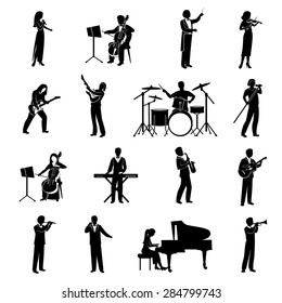 Rock pop and classical musicians icons black silhouettes set isolated vector illustration