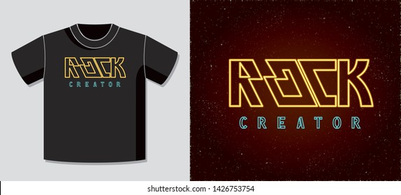 Rock Pop Glam Metal Neon Sign Style Hand Drawn Logo and Creator Lettering with Application Example on T-Shirt Vector Template - Yellow on Black Background - Vector Flat Graphic Design