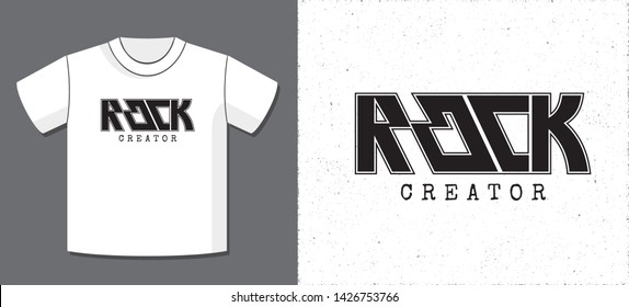 Rock Pop Glam Metal Style Hand Drawn Logo and Creator Lettering with Application Example on T-Shirt Vector Template - Black on White Background - Vector Contrast Graphic Design