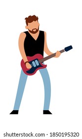 Rock or pop musician. Cartoon male guitarist character in jeans with red electric guitar plays melody, music show entertainment and hobby leisure activity concept vector cartoon isolated illustration